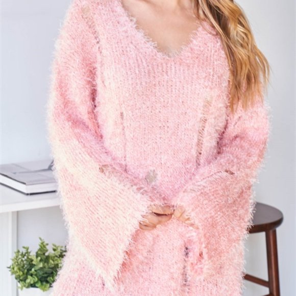 Comfy Oversized Fuzzy Pink Distressed Sweater - Picture 6 of 6